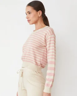 MONROW Lightknit Stripe V Neck SAND/CHALKPINK Sale